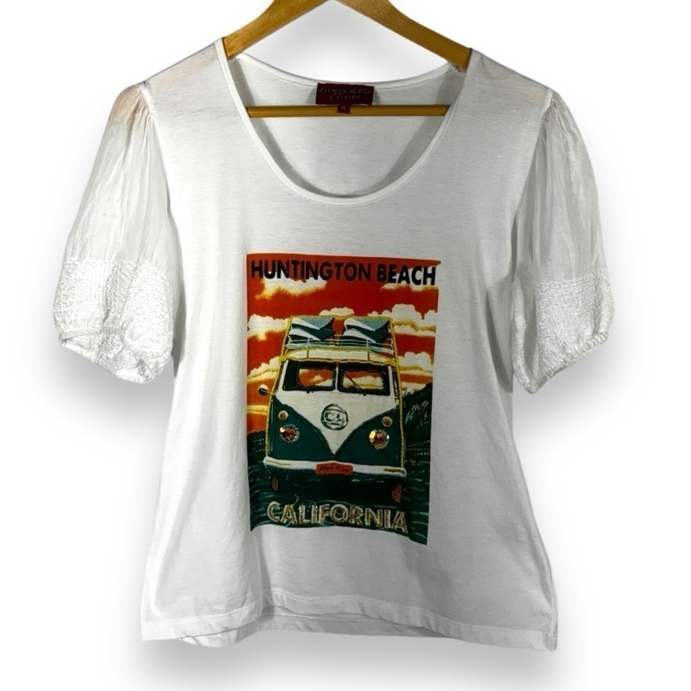 Kitsch & Pop Edition Huntington Beach CA Graphic Tee w/Beaded Accents, White, M
